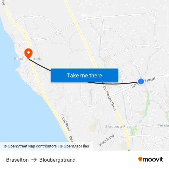 Braselton to Bloubergstrand map