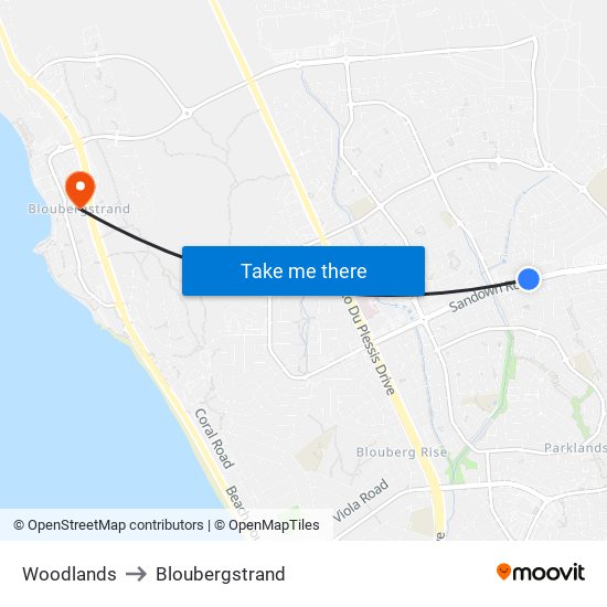 Woodlands to Bloubergstrand map