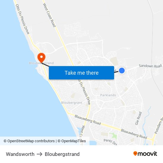 Wandsworth to Bloubergstrand map
