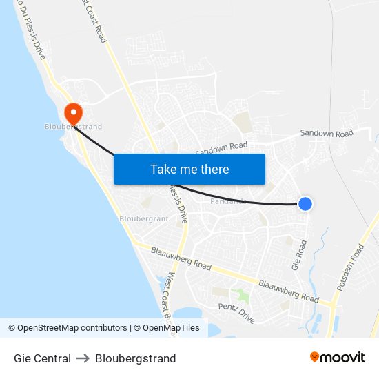 Gie Central to Bloubergstrand map