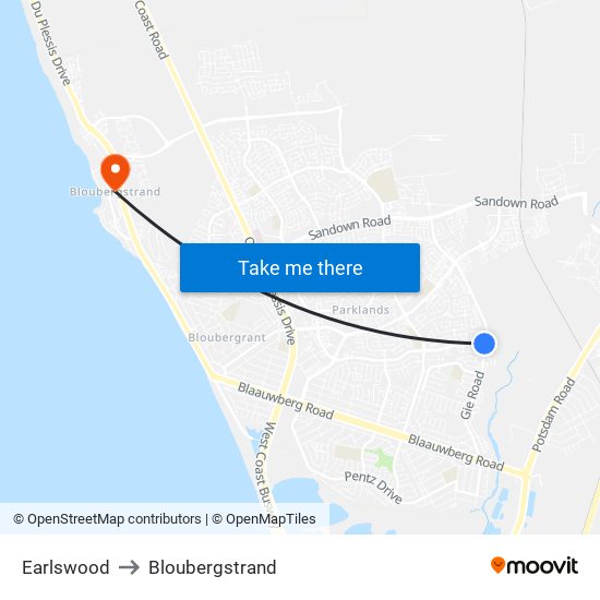 Earlswood to Bloubergstrand map