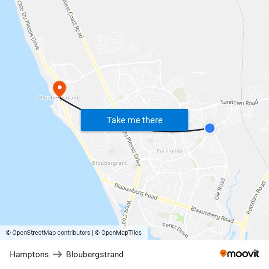 Hamptons to Bloubergstrand map