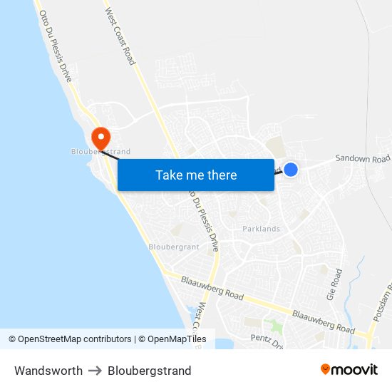 Wandsworth to Bloubergstrand map