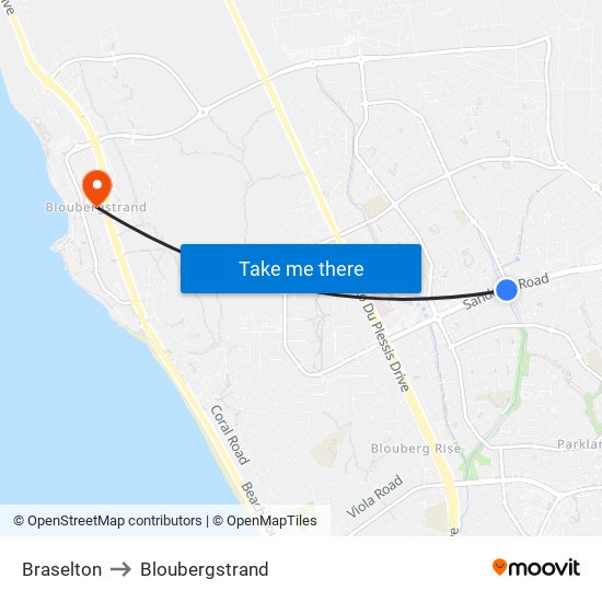 Braselton to Bloubergstrand map