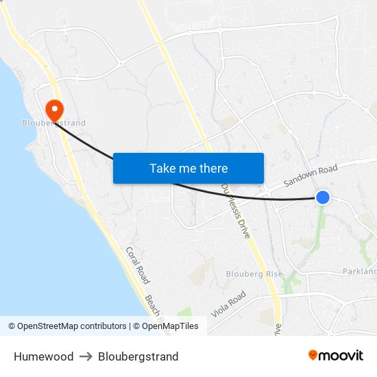 Humewood to Bloubergstrand map