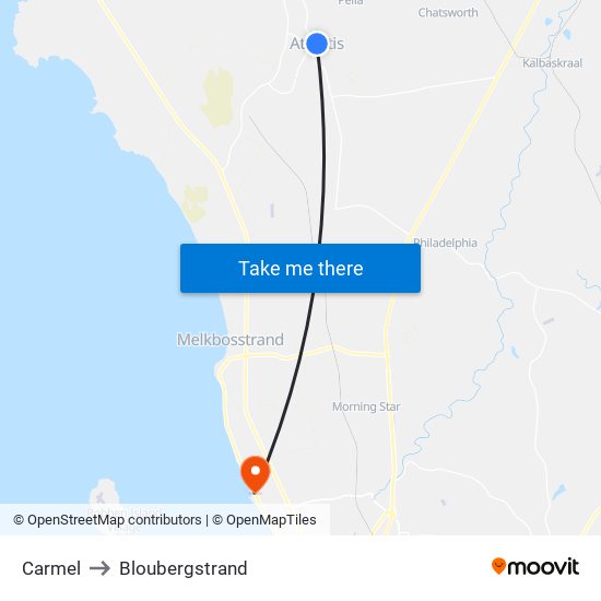 Carmel to Bloubergstrand map