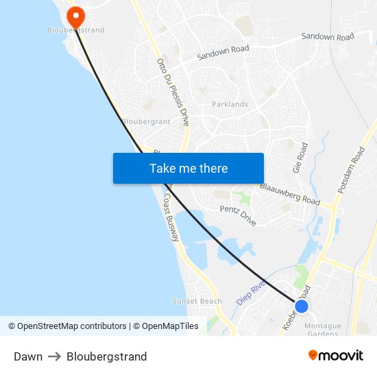 Dawn to Bloubergstrand map