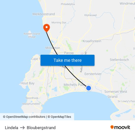 Lindela to Bloubergstrand map