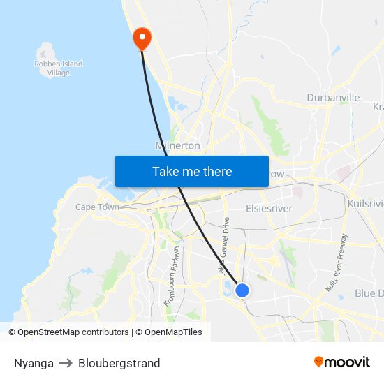 Nyanga to Bloubergstrand map