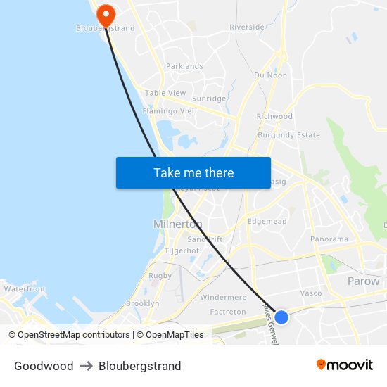 Goodwood to Bloubergstrand map