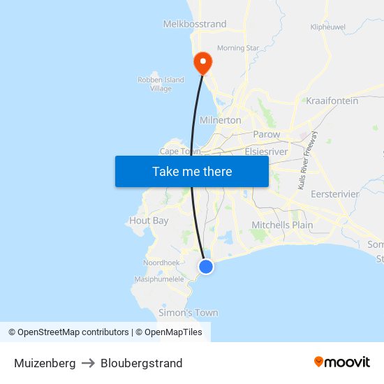 Muizenberg to Bloubergstrand map