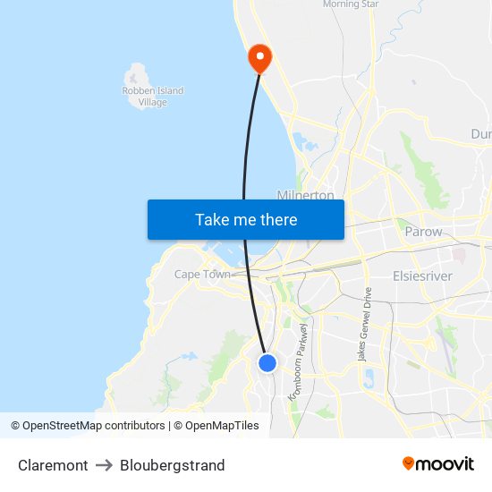 Claremont to Bloubergstrand map