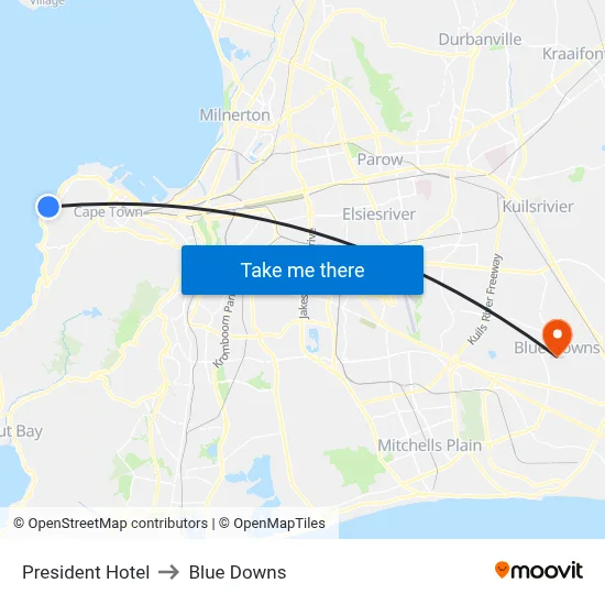 President Hotel to Blue Downs map