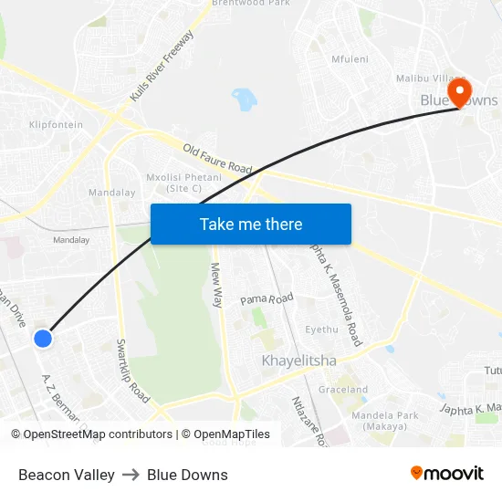 Beacon Valley to Blue Downs map