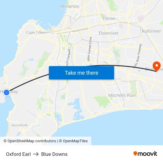Oxford Earl to Blue Downs map
