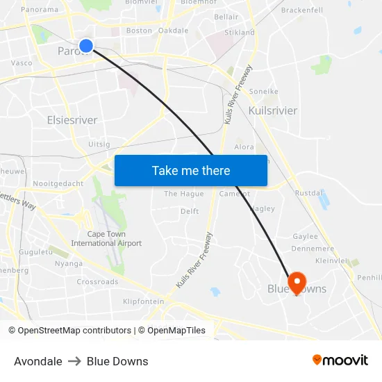 Avondale to Blue Downs map