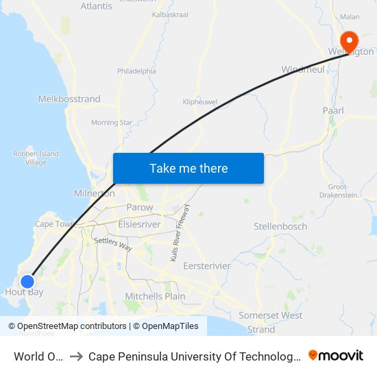 World Of Birds to Cape Peninsula University Of Technology (Wellington Campus) map