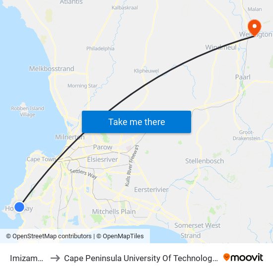 Imizamo Yethu to Cape Peninsula University Of Technology (Wellington Campus) map