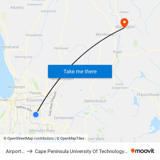 Airport Ind 2 to Cape Peninsula University Of Technology (Wellington Campus) map