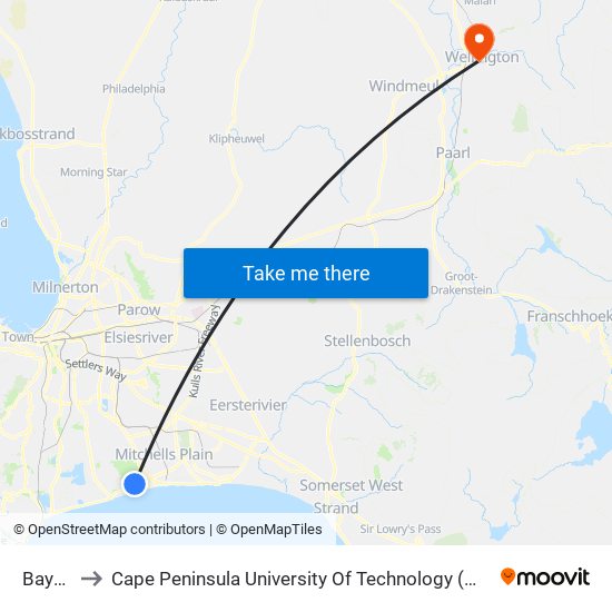 Bayview to Cape Peninsula University Of Technology (Wellington Campus) map