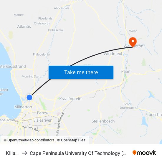 Killarney to Cape Peninsula University Of Technology (Wellington Campus) map