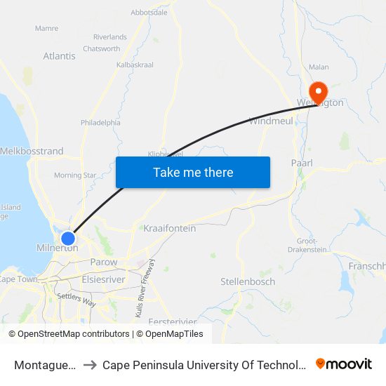 Montague Gardens to Cape Peninsula University Of Technology (Wellington Campus) map