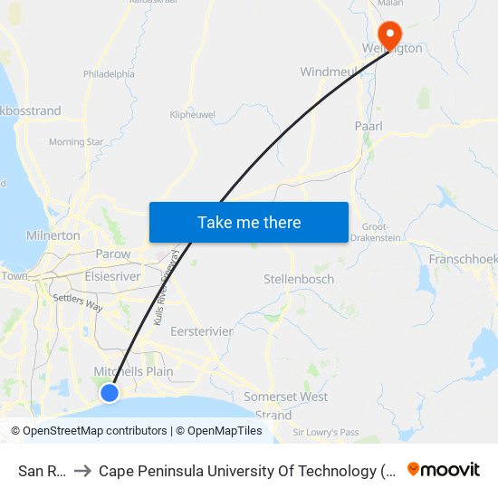San Remo to Cape Peninsula University Of Technology (Wellington Campus) map