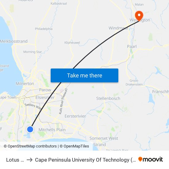 Lotus River to Cape Peninsula University Of Technology (Wellington Campus) map
