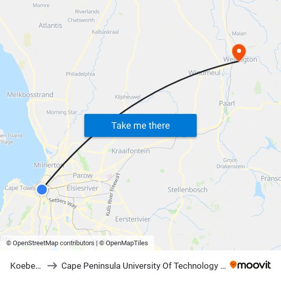 Koeberg Stn to Cape Peninsula University Of Technology (Wellington Campus) map