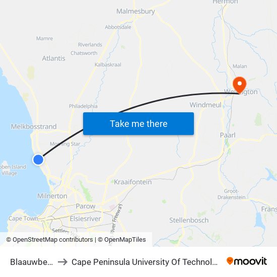 Blaauwberg Ridge to Cape Peninsula University Of Technology (Wellington Campus) map