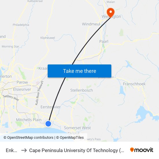 Enkanini to Cape Peninsula University Of Technology (Wellington Campus) map