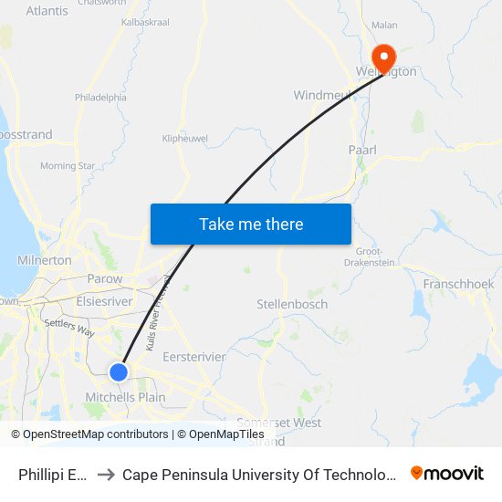 Phillipi East Sap to Cape Peninsula University Of Technology (Wellington Campus) map