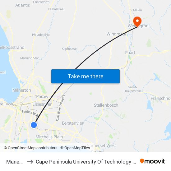 Manenberg to Cape Peninsula University Of Technology (Wellington Campus) map