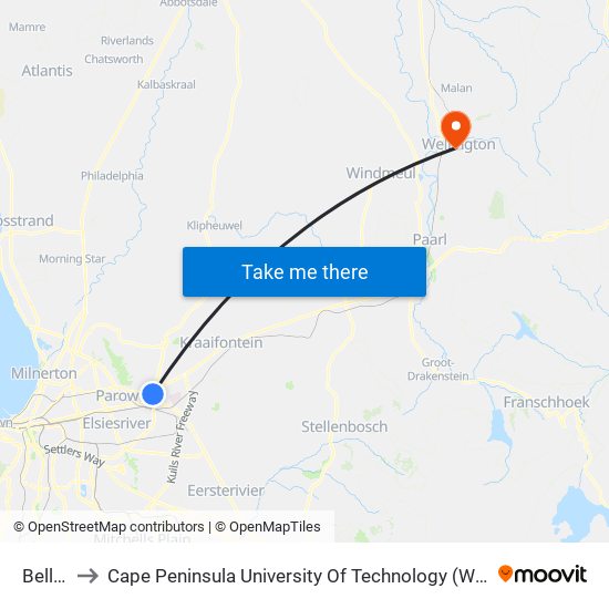 Bellville to Cape Peninsula University Of Technology (Wellington Campus) map