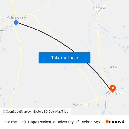 Malmesbury to Cape Peninsula University Of Technology (Wellington Campus) map