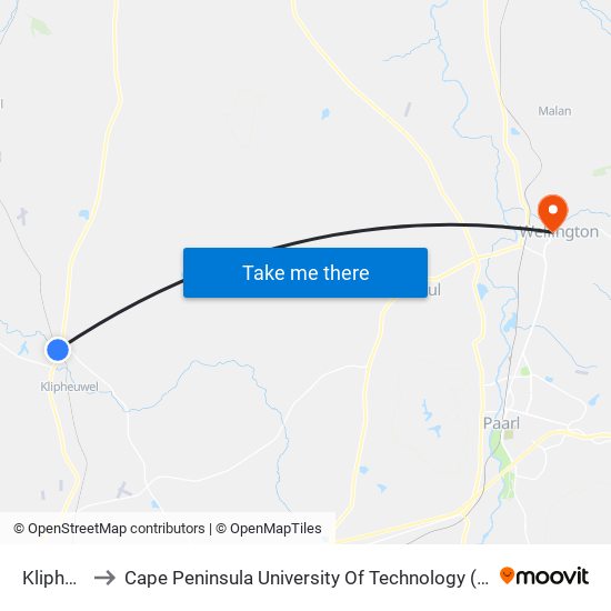 Klipheuwel to Cape Peninsula University Of Technology (Wellington Campus) map