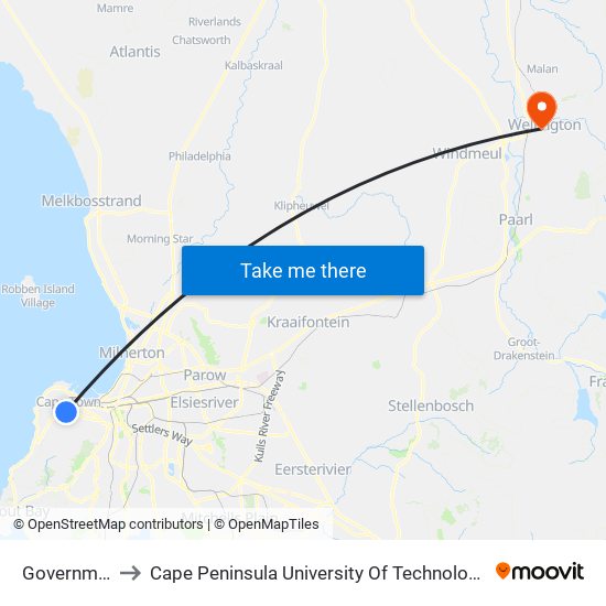 Government Ave to Cape Peninsula University Of Technology (Wellington Campus) map