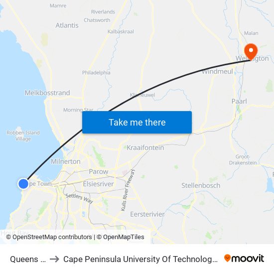 Queens Beach to Cape Peninsula University Of Technology (Wellington Campus) map