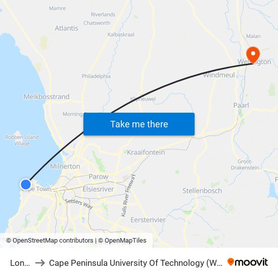 London to Cape Peninsula University Of Technology (Wellington Campus) map