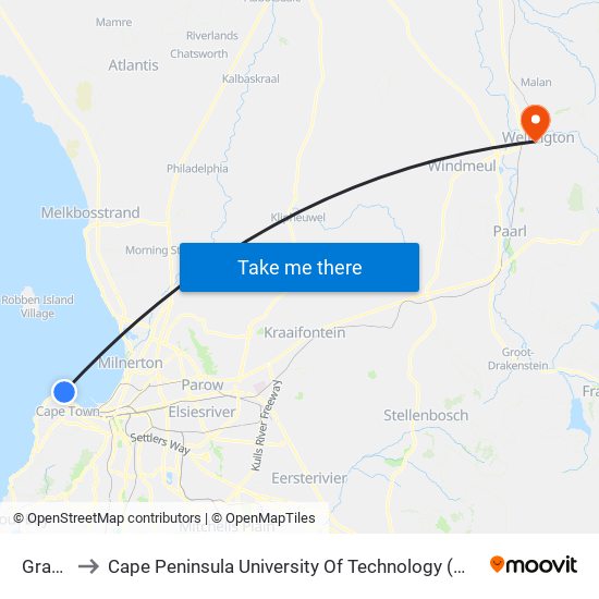 Granger to Cape Peninsula University Of Technology (Wellington Campus) map