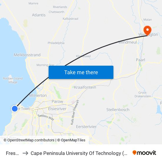 Fresnaye to Cape Peninsula University Of Technology (Wellington Campus) map