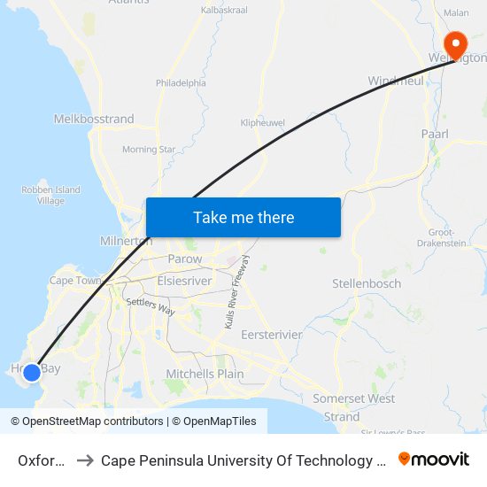 Oxford Earl to Cape Peninsula University Of Technology (Wellington Campus) map