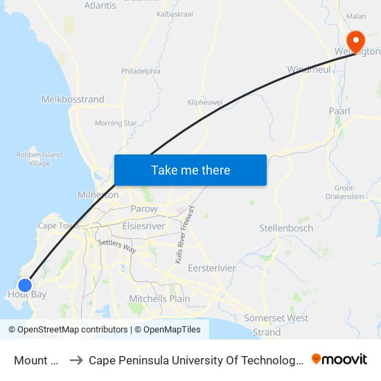 Mount Rhodes to Cape Peninsula University Of Technology (Wellington Campus) map