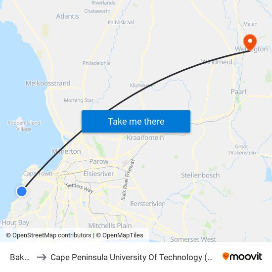 Bakoven to Cape Peninsula University Of Technology (Wellington Campus) map