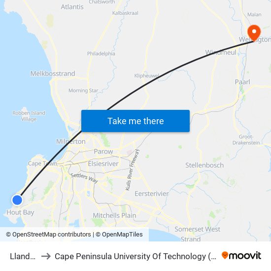 Llandudno to Cape Peninsula University Of Technology (Wellington Campus) map