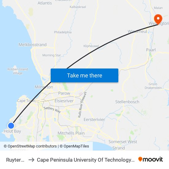 Ruyterplaats to Cape Peninsula University Of Technology (Wellington Campus) map