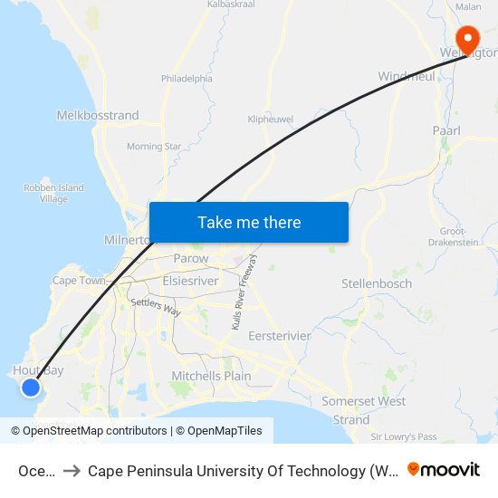 Oceana to Cape Peninsula University Of Technology (Wellington Campus) map