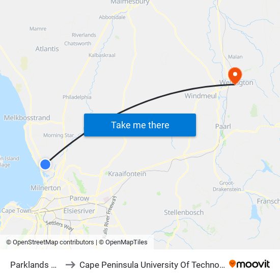 Parklands Main South to Cape Peninsula University Of Technology (Wellington Campus) map