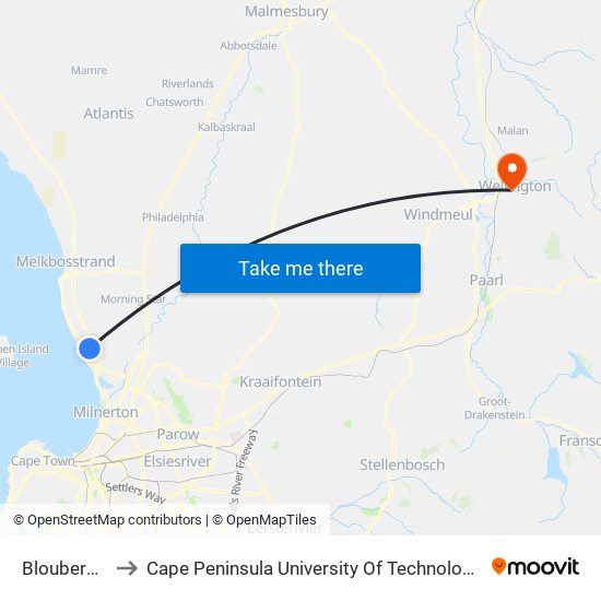 Blouberg Sands to Cape Peninsula University Of Technology (Wellington Campus) map