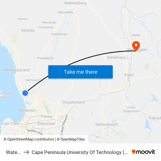 Waterville to Cape Peninsula University Of Technology (Wellington Campus) map